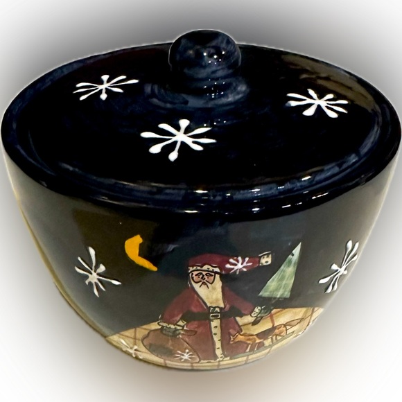 NEW VTG RARE CIC CERAMIC SANTA CLAUS APOTHECARY TRINKET DISH JAR BLACK RED CERT - Picture 3 of 6